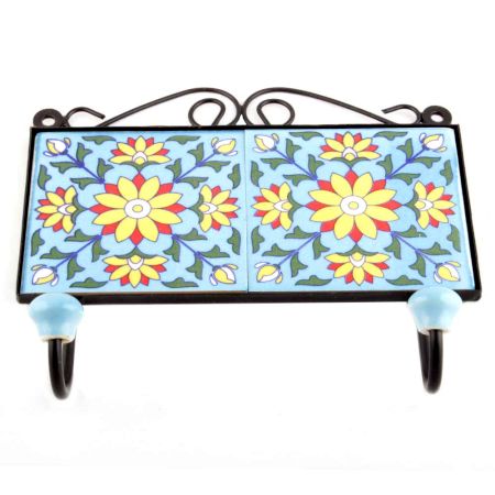 Turquoise Yellow Floral Tiles Hooks 